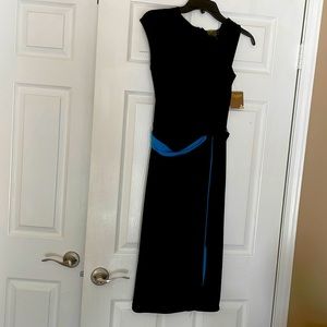 Taylor NWT Size 10 Black with Turquoise Tie Waist Jersey MIDI Dress